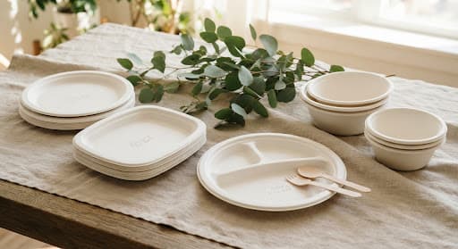 Sugarcane bagasse plates, divided meal trays and bowls arranged on linen with a eucalyptus branch
