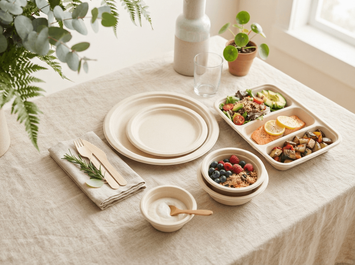 Unbleached sugarcane bagasse plates, a compartment meal tray and bowls filled with salads and grilled salmon on a linen table